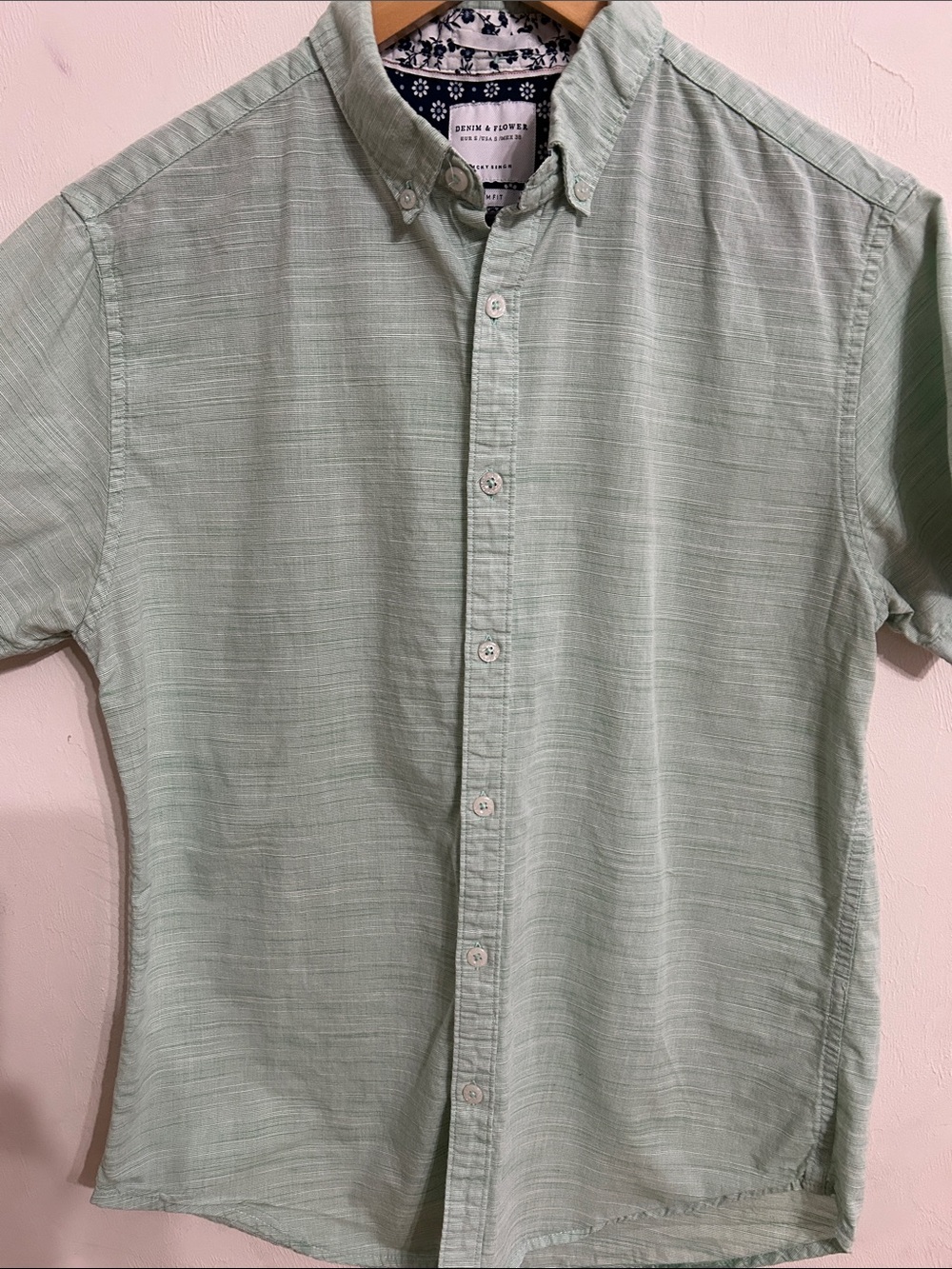 Denim & Flower Men's Youth Button-Down Short Sleeve Shirt - Mint Small Slim Fit
